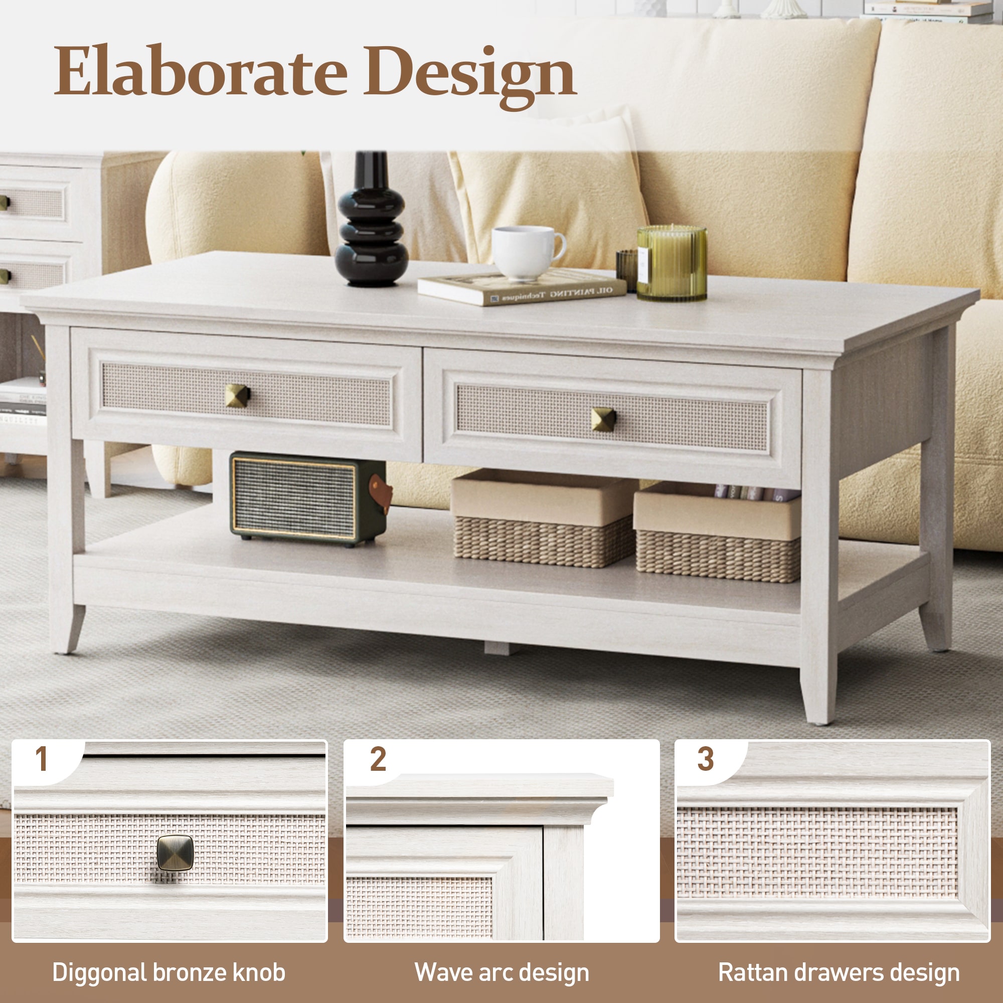 Farmhouse Coffee Table, Boho Tea Table With 2 Rattan Decor Drawers, Accent Center Sofa Table With Storage Shelf, 2 Tier Coffee Table For Bedroom, Living Room, Home Office, Grayish White_voghion.com